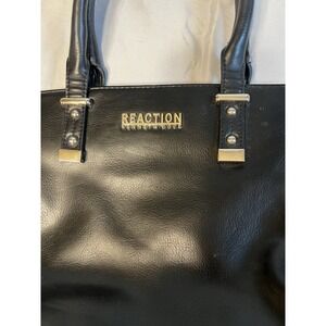 Kenneth Cole Reaction Black Faux Leather Tote Bag Ribbed Sides Gold Hardware